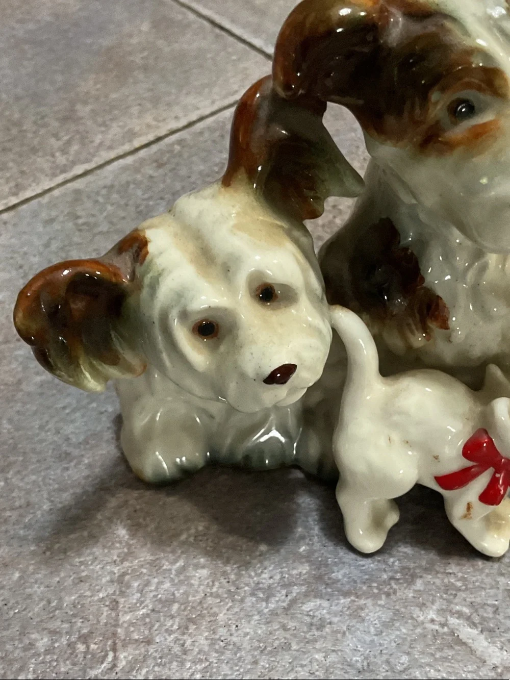 Vintage Ceramic Puppy Trio with Small Cat Figurine - Brown & Cream
